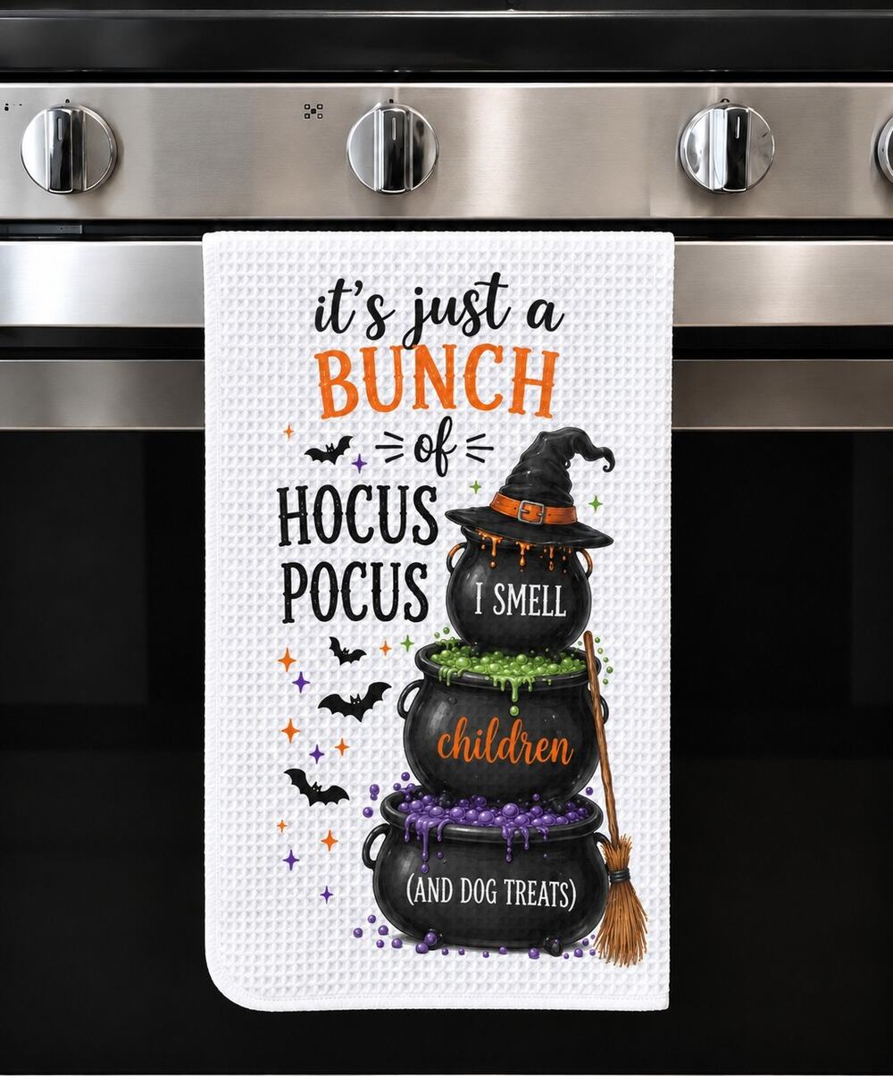 Hocus Pocus Halloween Kitchen Towel Witch Cauldron Funny Dog Decor